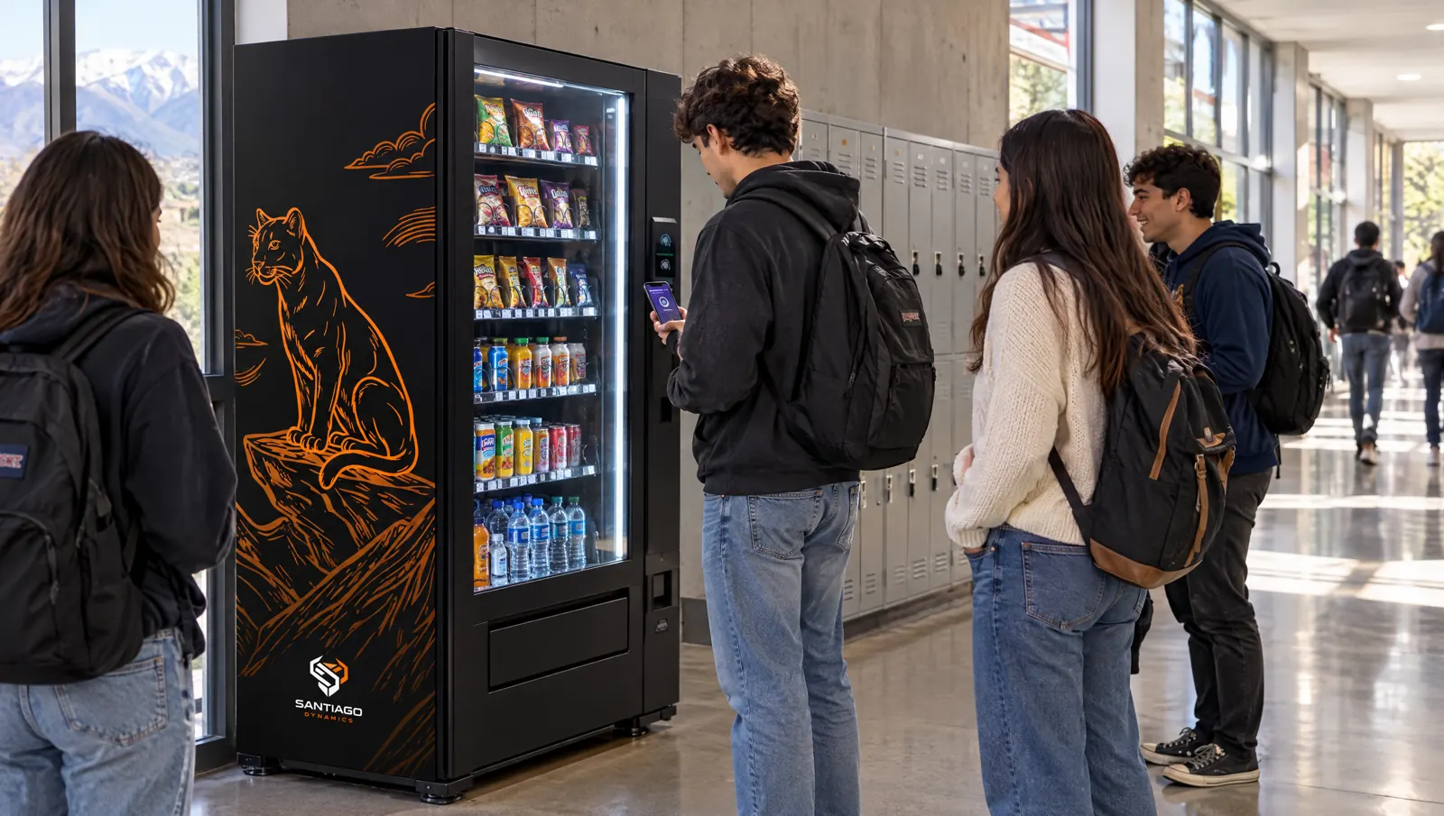 Estudiantes frente a una máquina de vending en el pasillo de un instituto