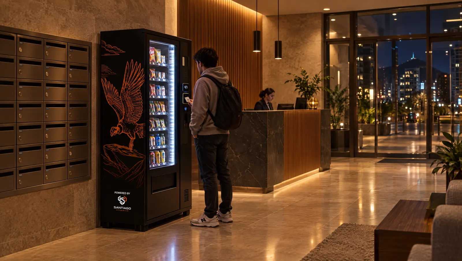 Residente comprando de noche en una máquina de vending en el lobby de un edificio