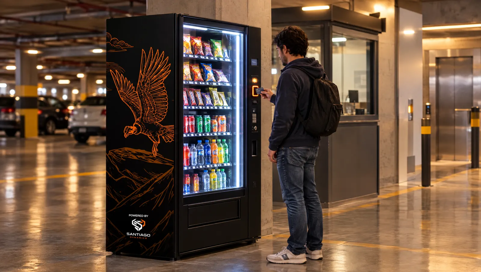 Conductor pagando con tarjeta en una máquina de vending junto a la caseta de un estacionamiento
