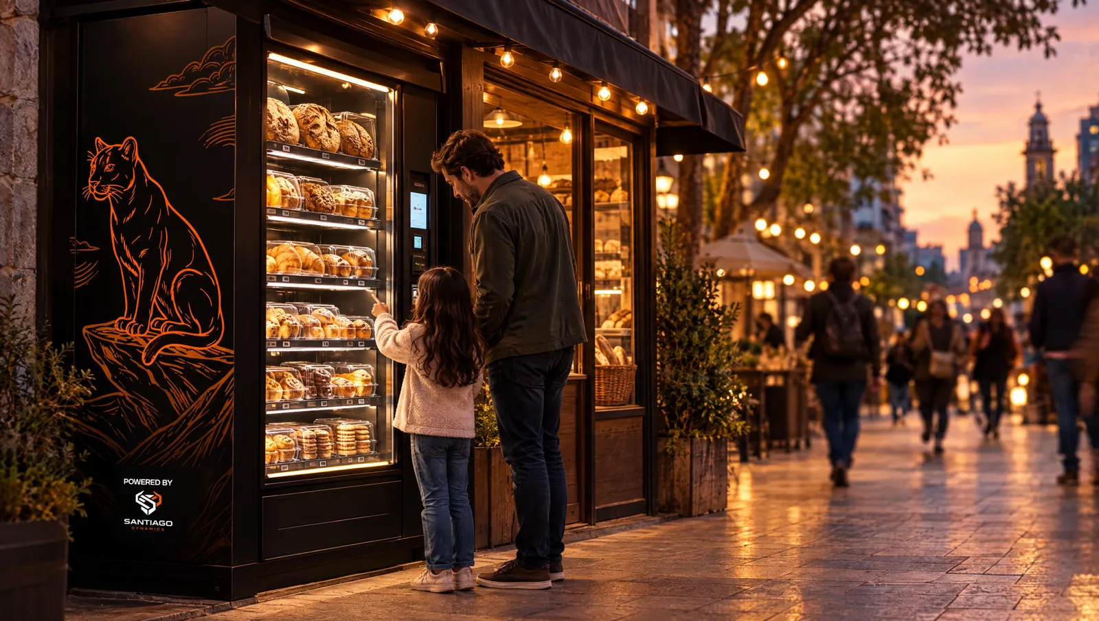 Máquina de vending integrada en la fachada de una tienda, iluminada de noche